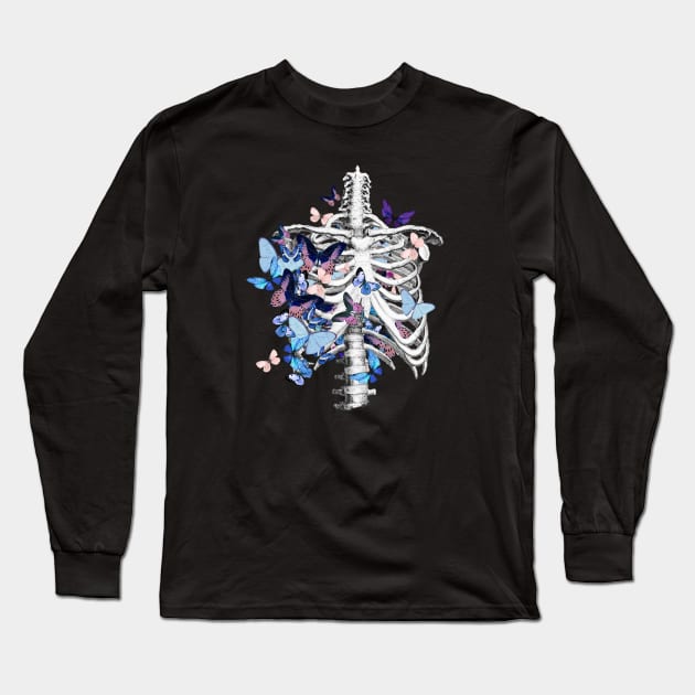 rib cage and blue butterflies, ribcage, human skeleton art Long Sleeve T-Shirt by Collagedream